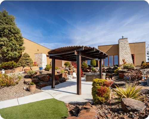 Commercial architectural photograph of a landscaped outdoor patio