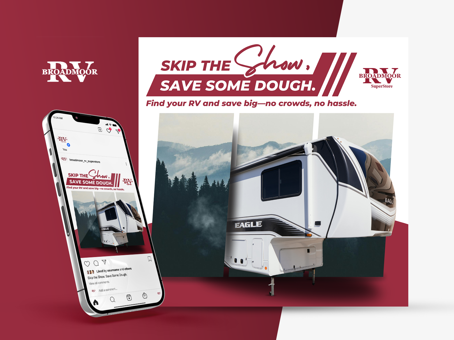 Broadmoor RV Superstore social media ad creative shown in an Instagram post mockup